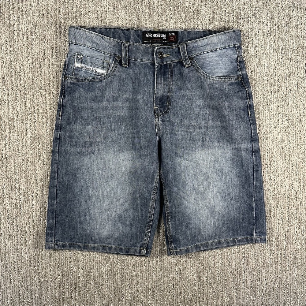 Ecko Unltd Mens Baggy Denim Shorts Light Wash Rhino Logo Y2K Jorts W32